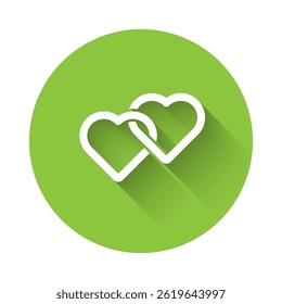 White Two Linked Hearts icon isolated with long shadow. Romantic symbol linked, join, passion and wedding. Valentine day symbol. Green circle button. Vector