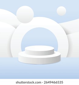 A white two-tiered podium sits centrally against a backdrop of layered white circles and spheres, bathed in soft, cool blue light, creating a serene, minimalist ambiance.