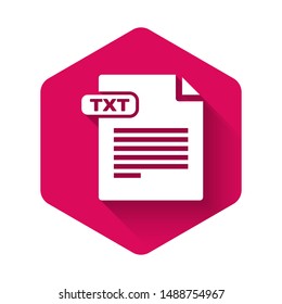 White TXT file document. Download txt button icon isolated with long shadow. Text file extension symbol. Pink hexagon button. Vector Illustration