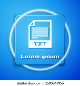 White TXT file document. Download txt button icon isolated on blue background. Text file extension symbol. Blue square button. Vector Illustration