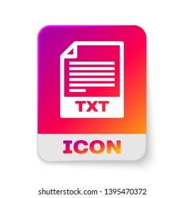 White TXT file document icon. Download txt button icon isolated on white background. Text file extension symbol. Rectangle color button. Vector Illustration