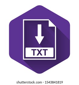 White TXT file document icon. Download TXT button icon isolated with long shadow. Purple hexagon button. Vector Illustration