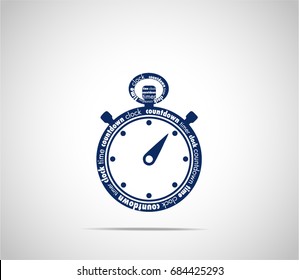 White typography on navy blue background clock icon