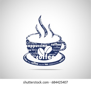 White typography on navy blue background coffe cup icon
