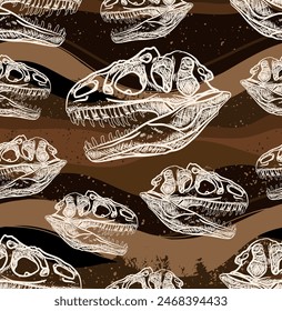 White Tyrannosaurus Rex skull seamless pattern with dark brwon earth ground at background