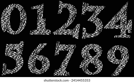 Números de pista de neumáticos blancos. Número creativo. Diseño geométrico.Arte óptico de línea. Fondo psicodélico. Fondo monocromo. Estilo de ilusión óptica. Fondo negro oscuro