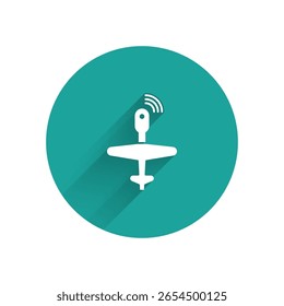 White UAV Drone icon isolated with long shadow. Military Unmanned aircraft spy. Green circle button. Vector Illustration