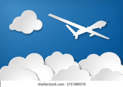  white uav military drone with clouds on blue air background