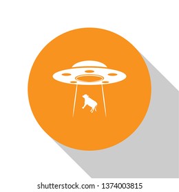 White UFO abducts cow icon isolated on white background. Flying saucer. Alien space ship. Futuristic unknown flying object. Orange circle button. Flat design. Vector Illustration