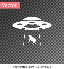 White UFO abducts cow icon isolated on transparent background. Flying saucer. Alien space ship. Futuristic unknown flying object. Vector Illustration