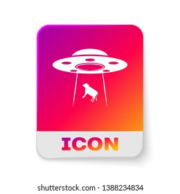 White UFO abducts cow icon isolated on white background. Flying saucer. Alien space ship. Futuristic unknown flying object. Rectangle color button. Vector Illustration