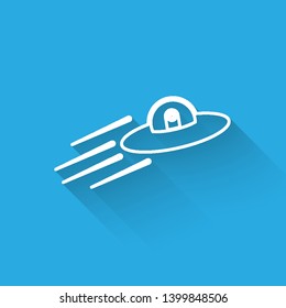 White UFO flying spaceship and alien line icon isolated with long shadow. Flying saucer. Alien space ship. Futuristic unknown flying object. Vector Illustration