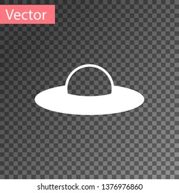 White UFO flying spaceship icon isolated on transparent background. Flying saucer. Alien space ship. Futuristic unknown flying object. Vector Illustration