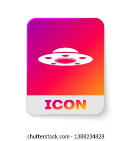 White UFO flying spaceship icon isolated on white background. Flying saucer. Alien space ship. Futuristic unknown flying object. Rectangle color button. Vector Illustration