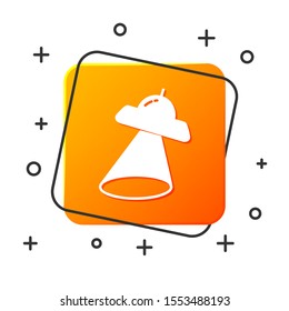 White UFO flying spaceship icon isolated on white background. Flying saucer. Alien space ship. Futuristic unknown flying object. Orange square button. Vector Illustration