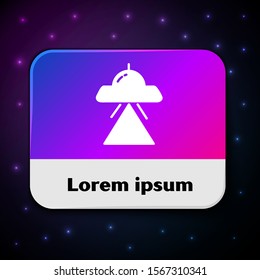 White UFO flying spaceship icon isolated on black background. Flying saucer. Alien space ship. Futuristic unknown flying object. Rectangle color button. Vector Illustration