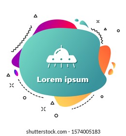 White UFO flying spaceship icon isolated on white background. Flying saucer. Alien space ship. Futuristic unknown flying object. Abstract banner with liquid shapes. Vector Illustration