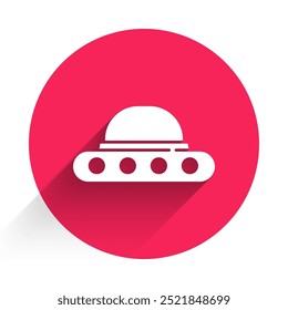 White UFO flying spaceship icon isolated with long shadow. Flying saucer. Alien space ship. Futuristic unknown flying object. Red circle button. Vector