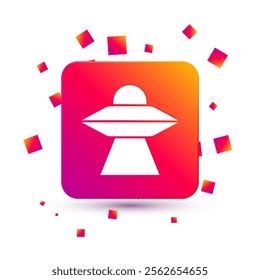 White UFO flying spaceship icon isolated on white background. Flying saucer. Alien space ship. Futuristic unknown flying object. Square color button. Vector