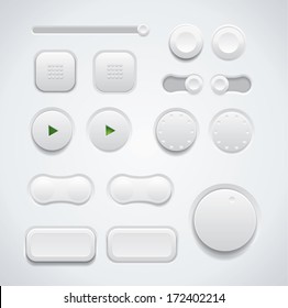 White UI Button Set Including Switches And Push Buttons In Different Design Variations