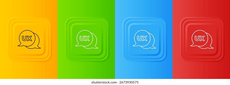 White UI or UX design icon isolated on colorful background. Set icons in square buttons. Vector
