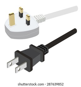 White uk electric plug and black usa plug vector illustration. Plug in. Plug icon