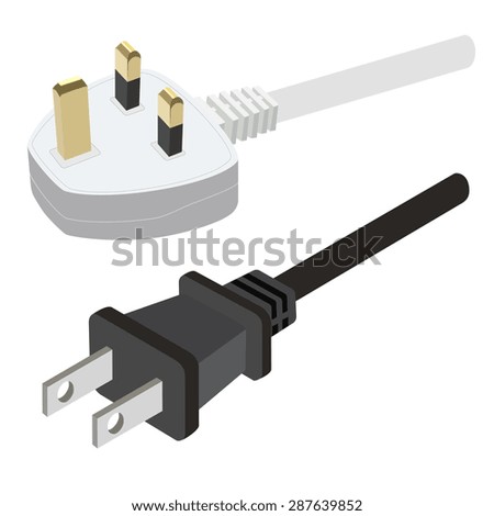 White uk electric plug and black usa plug vector illustration. Plug in. Plug icon