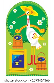 White Ukrainian crane in national costume near a well with buckets of water