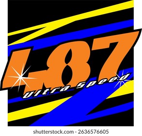 White ULTRA SPEED text vector and orange 487 numbers, 3D racing design, simple abstract background.