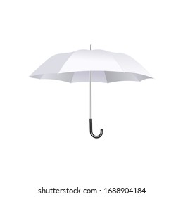 White umbrella with curved silver and black handle isolated on white background, modern realistic weather accessory for sun and rain, vector illustration