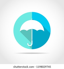 White umbrella in flat design with long shadow. Vector illustration. Simple umbrella icon on blue round button.