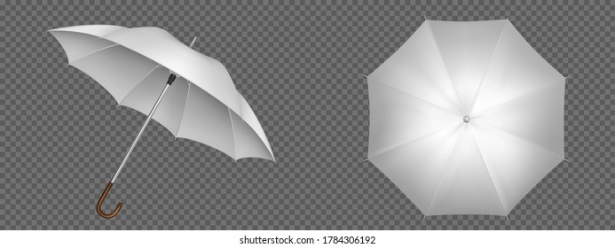White umbrella front and top view. Vector realistic mockup of blank parasol with wooden handle, classic accessory for rain protection in spring, autumn or monsoon season