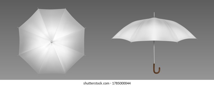 White umbrella front and top view. Vector realistic mockup of blank parasol with wooden handle, classic accessory for rain protection in spring, autumn or monsoon season