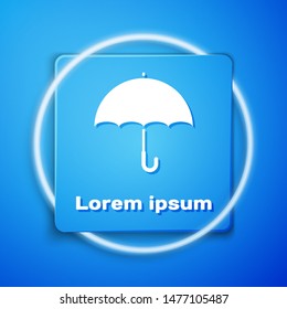 White Umbrella icon isolated on blue background. Blue square button. Vector Illustration