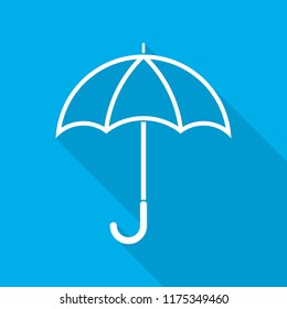 White umbrella icon with long shadow on blue background. Vector illustration. Flat umbrella icon