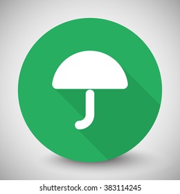 White Umbrella icon with long shadow on green circle