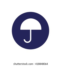 White umbrella icon vector. Blue circle. Blue button