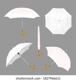 White umbrella mockup set, vector illustration isolated on white background. Realistic waterproof folded and opened parasols in various positions.