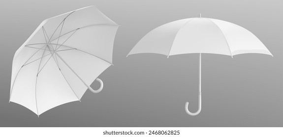 White umbrella mockups set isolated on background. Vector realistic illustration of parasol templates with blank space for branding, fabric sunshade with plastic handle, waterproof fashion accessory