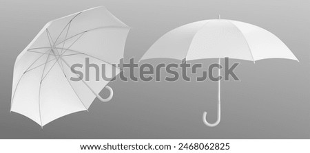 White umbrella mockups set isolated on background. Vector realistic illustration of parasol templates with blank space for branding, fabric sunshade with plastic handle, waterproof fashion accessory