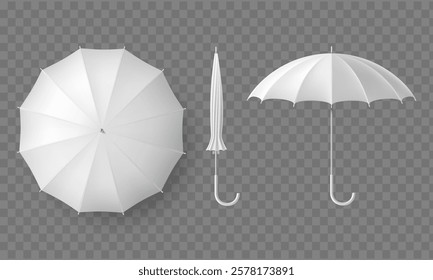 White umbrella mockups. Top and side views. Isolated on transparent background. Vector template
