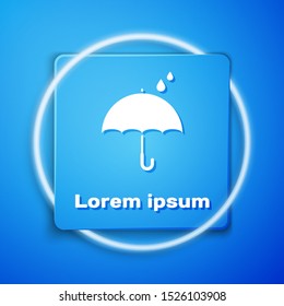 White Umbrella and rain drops icon isolated on blue background. Waterproof icon. Protection, safety, security concept. Water resistant symbol. Blue square button. Vector Illustration