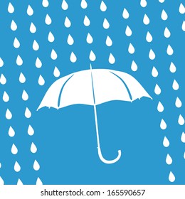 white umbrella and rain drops on a blue background