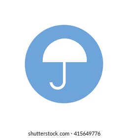 White umbrella vector icon. Blue circle. Blue button
