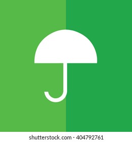 White umbrella vector icon. Green background