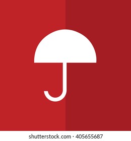 White umbrella vector icon. Red background
