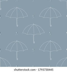 Paraguas blancos sobre un fondo gris con gotas de lluvia. Patrón sin inconvenientes.Vector


