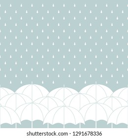 White umbrellas on gray with rain drops, seamless border, vector