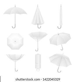 White  umbrellas set. Isolated on white background. Realistic umbrella or parasol in different positions, vector illustration. 