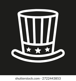 Weiß Onkel Sam Hut Symbol Silhouette auf schwarzem Hintergrund, patriotische minimale Vektorgrafik symbolisiert USA, Freiheit, Unabhängigkeit und Nationalstolz.
